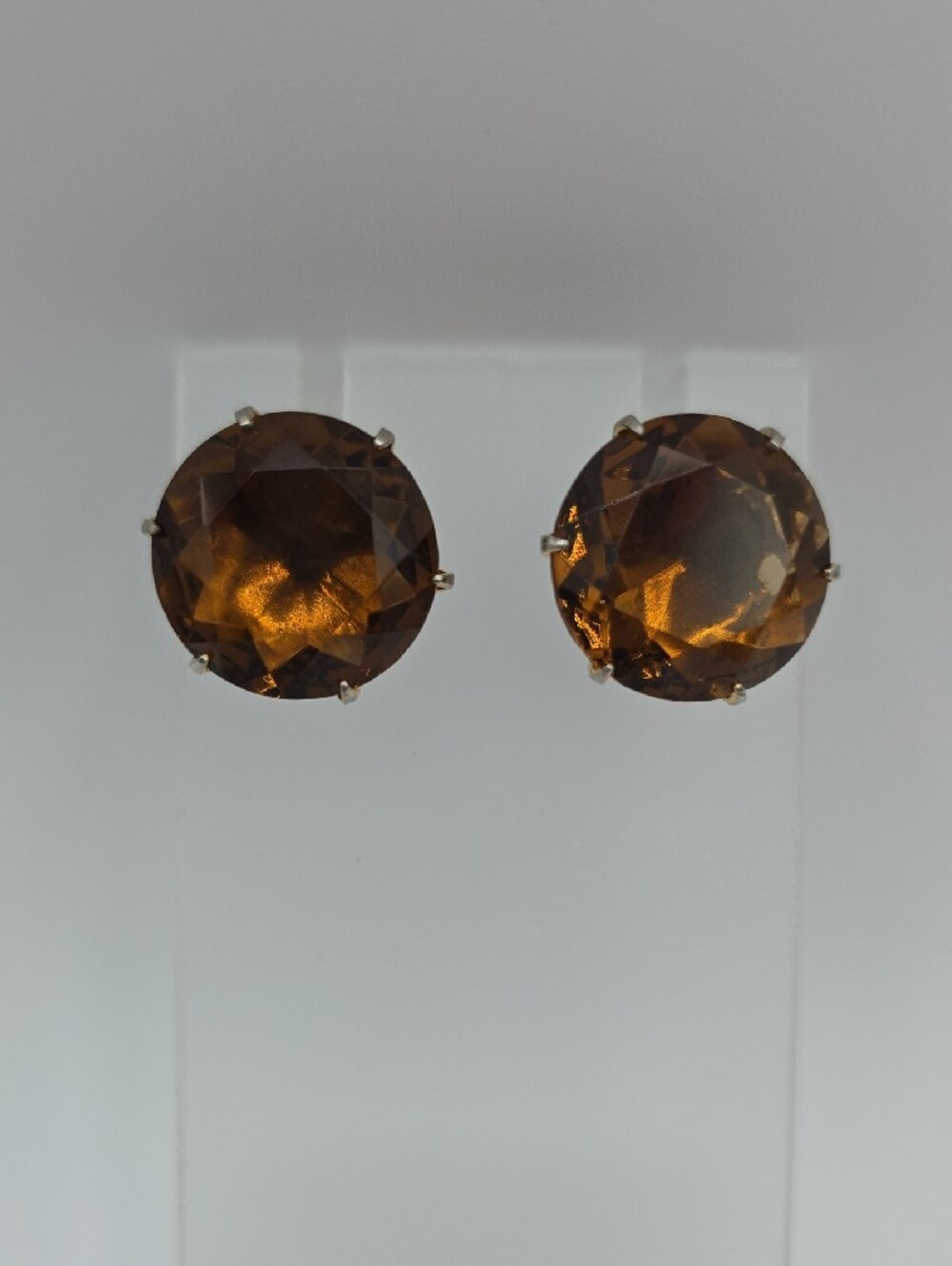 Smoky Quartz Large Round Stud Clip-on Earrings - Vintage